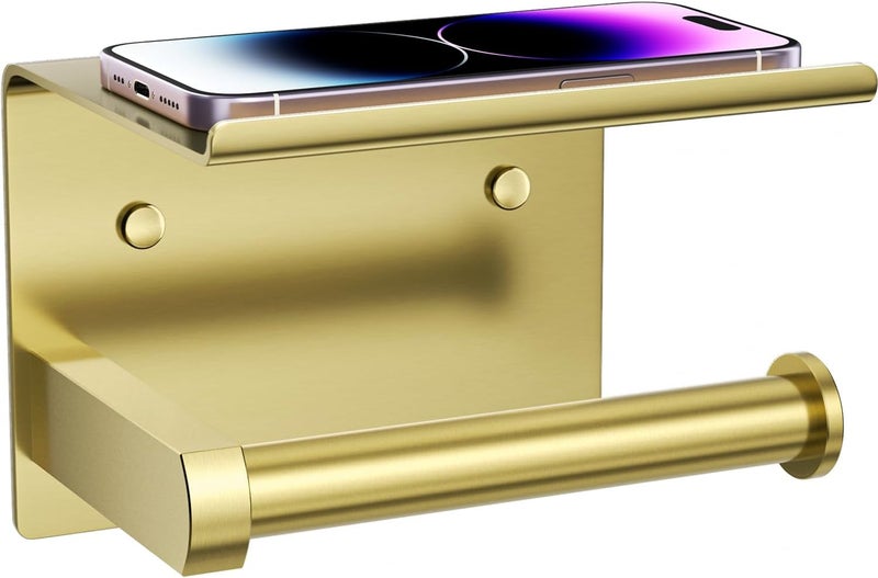 Tindbea Toilet Paper Holder with Phone Shelf, Adhesive or Screw Wall Mount Toilet Tissue Roll Holder, Rustproof & Multifunctional Stainless Steel Bathroom Storage Dispenser (Brushed Gold) - Image 1
